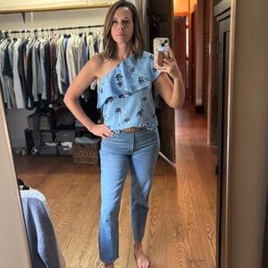 C&e Collective Soft Blue tropical Patterned Top